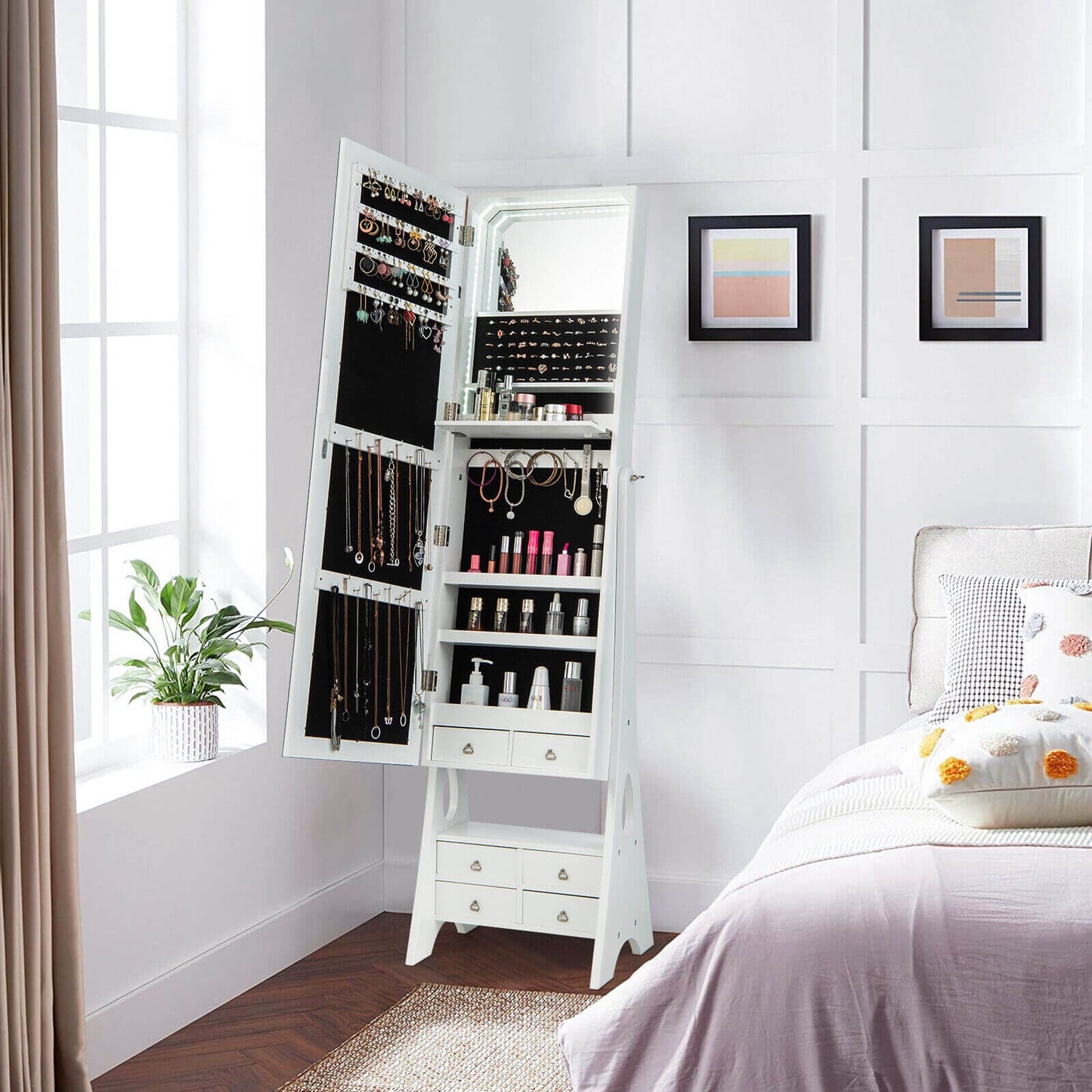 Freestanding Full Length LED Mirrored Jewelry Armoire with 6 Drawers-White Kids Crystal