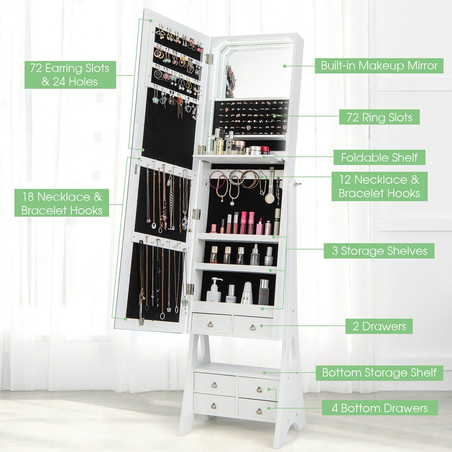 Freestanding Full Length LED Mirrored Jewelry Armoire with 6 Drawers-White Kids Crystal