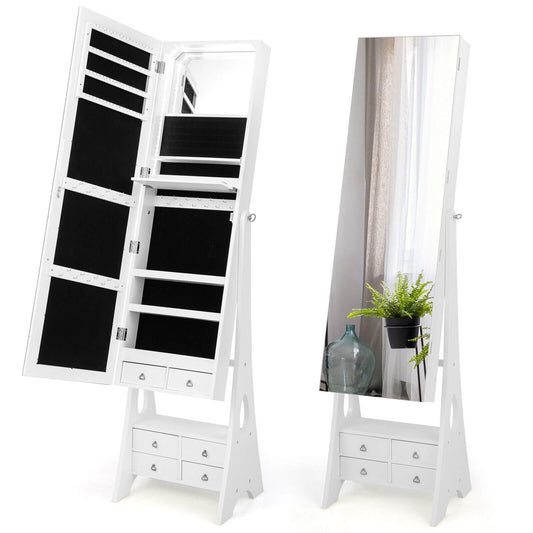 Freestanding Full Length LED Mirrored Jewelry Armoire with 6 Drawers-White Kids Crystal