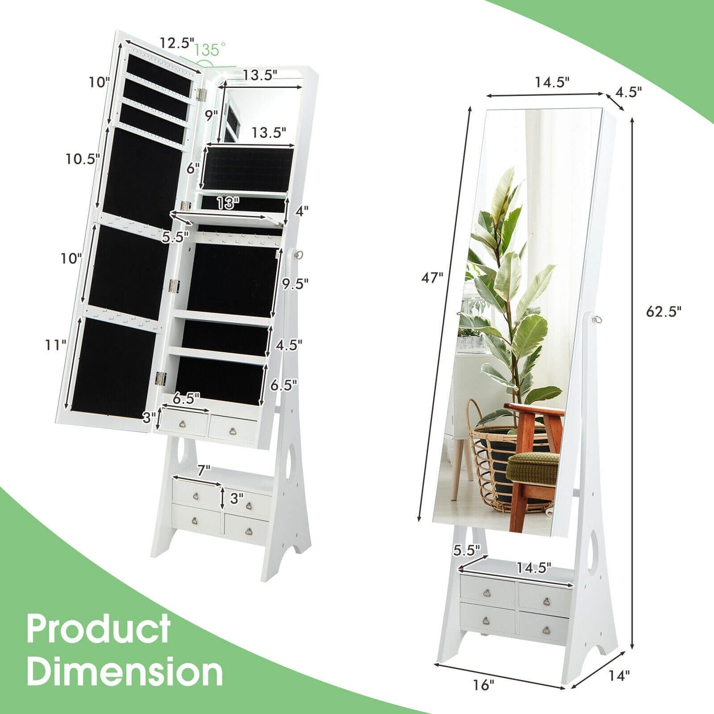 Freestanding Full Length LED Mirrored Jewelry Armoire with 6 Drawers-White Kids Crystal