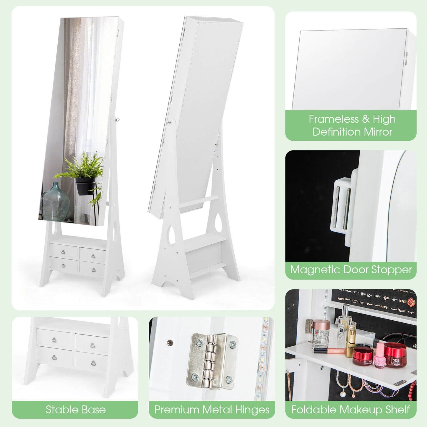 Freestanding Full Length LED Mirrored Jewelry Armoire with 6 Drawers-White Kids Crystal