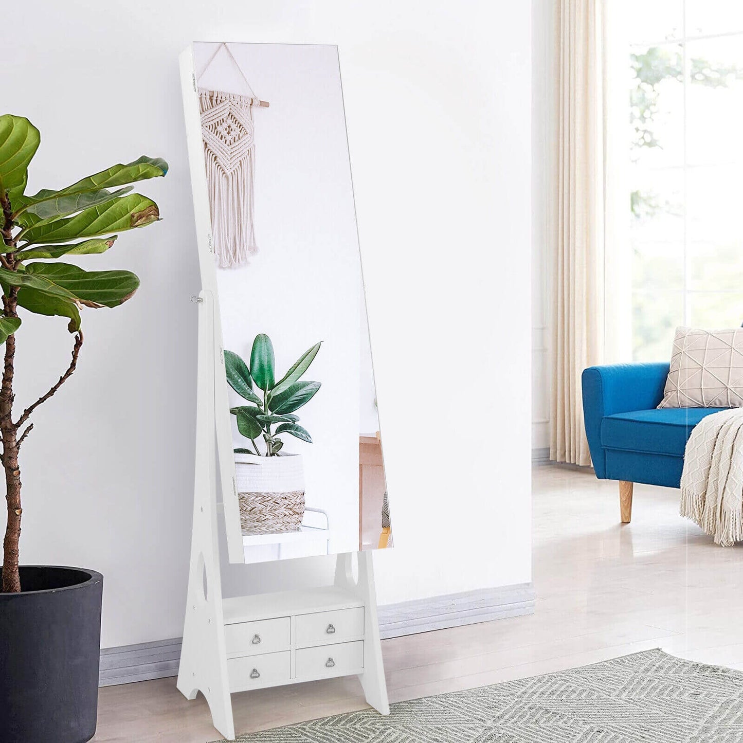 Freestanding Full Length LED Mirrored Jewelry Armoire with 6 Drawers-White Kids Crystal