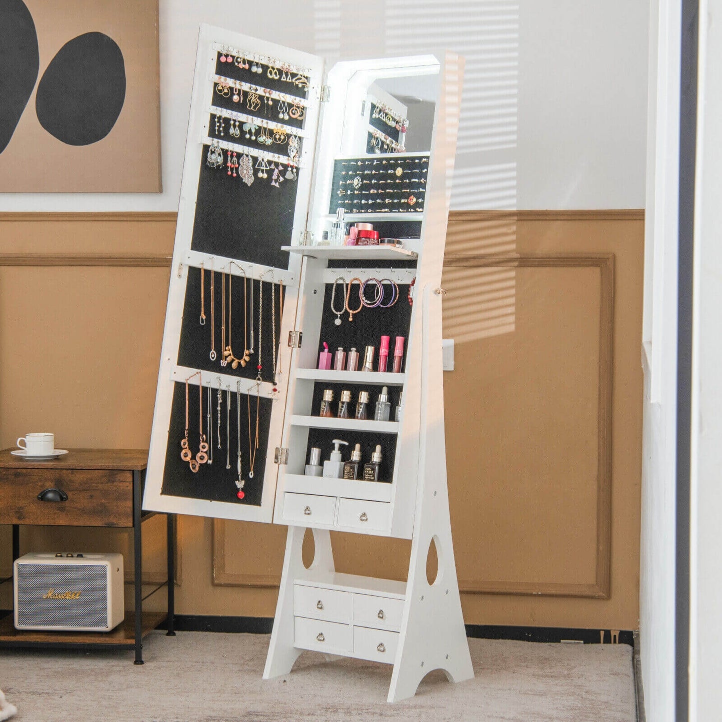Freestanding Full Length LED Mirrored Jewelry Armoire with 6 Drawers-White Kids Crystal