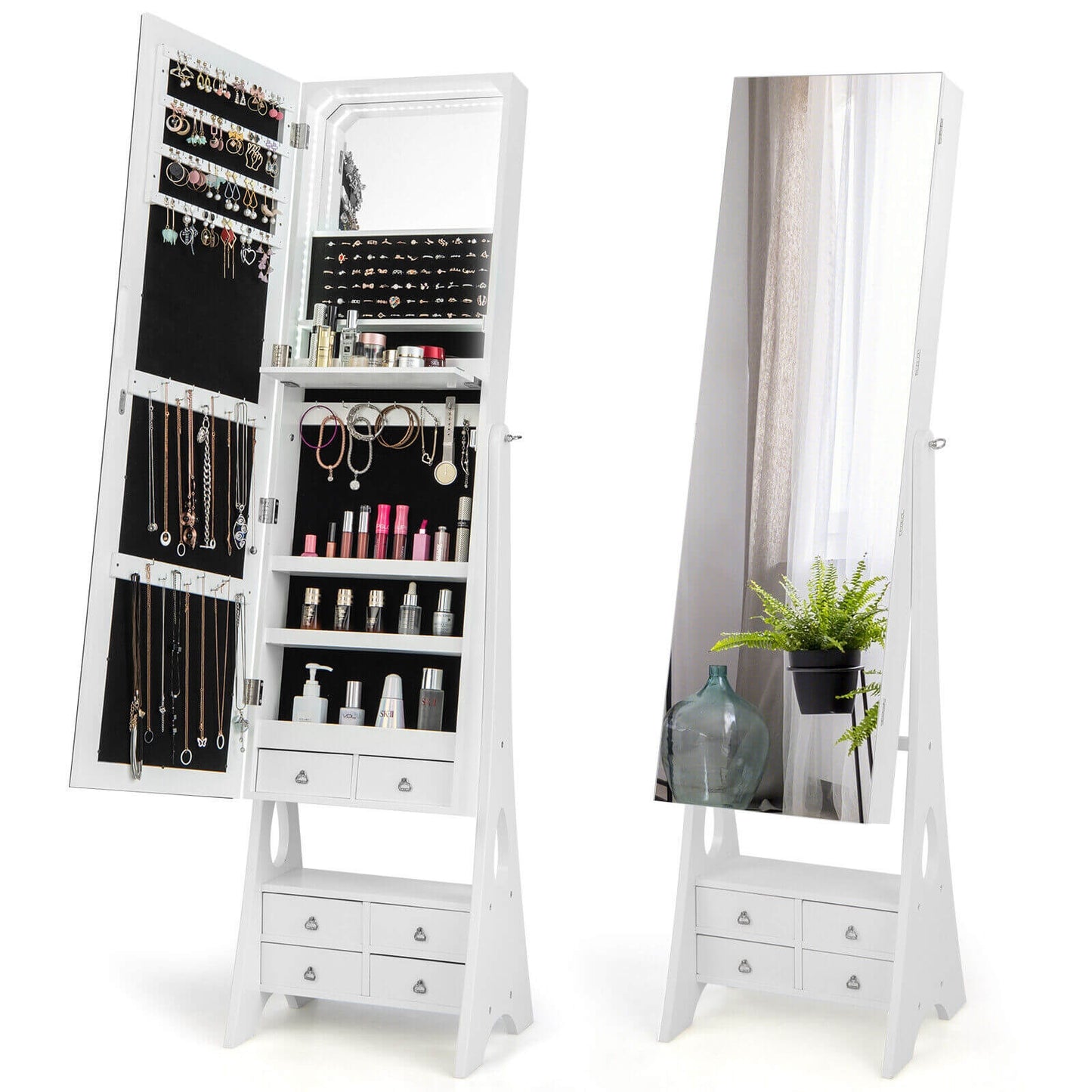 Freestanding Full Length LED Mirrored Jewelry Armoire with 6 Drawers-White Kids Crystal