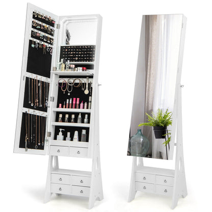 Freestanding Full Length LED Mirrored Jewelry Armoire with 6 Drawers-White