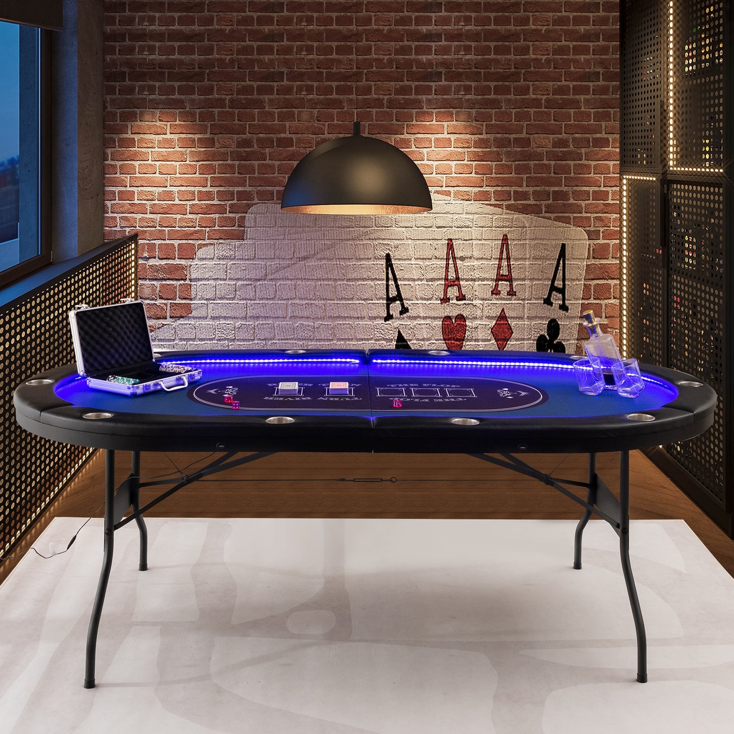 Foldable 10-Player Poker Table with LED Lights and USB Ports Ideal for Texas Casino-Blue Kids Crystal