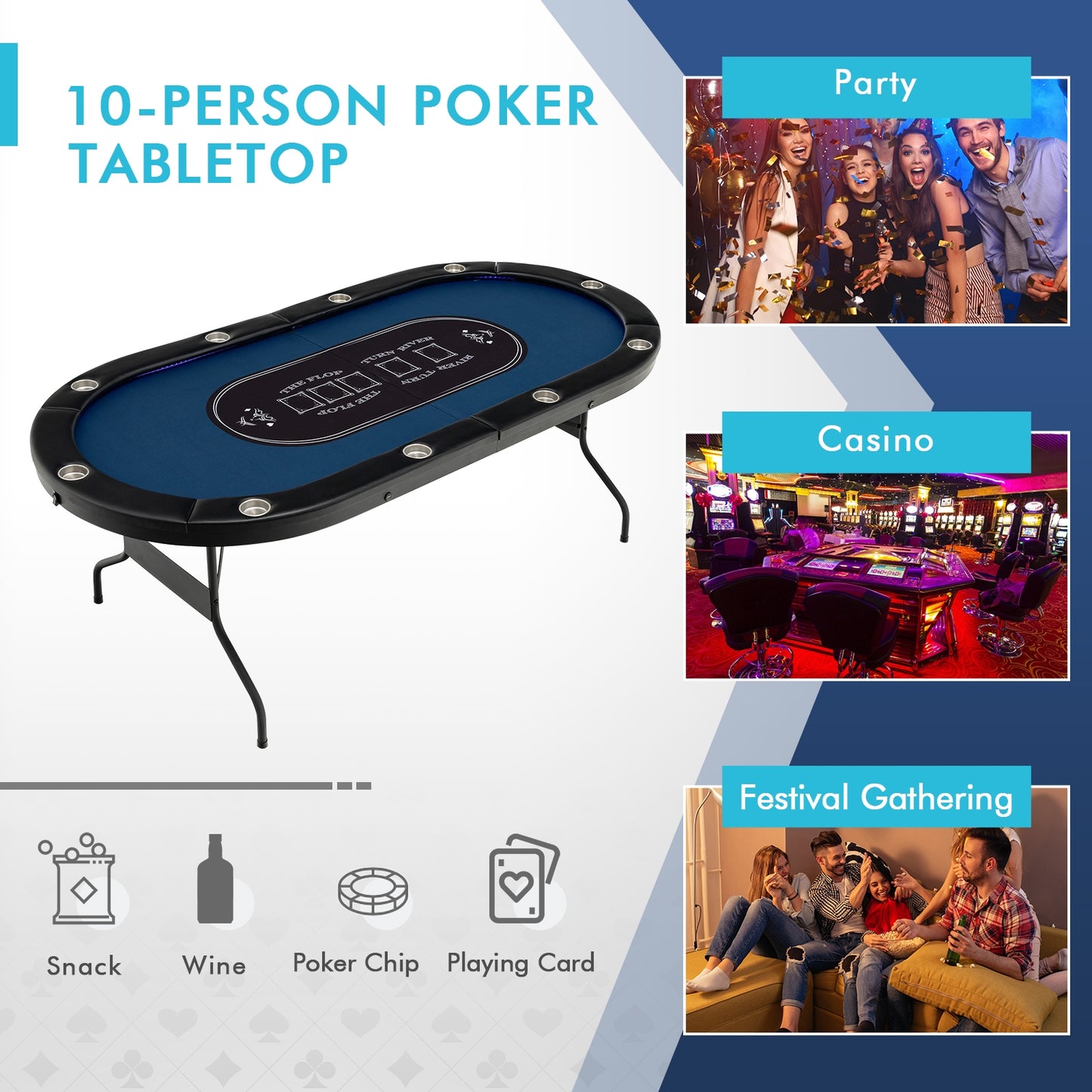 Foldable 10-Player Poker Table with LED Lights and USB Ports Ideal for Texas Casino-Blue Kids Crystal