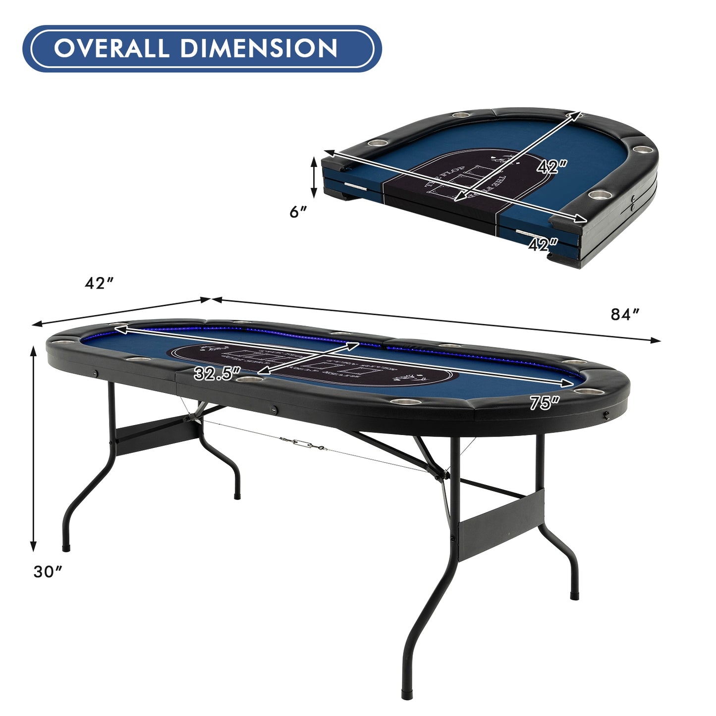 Foldable 10-Player Poker Table with LED Lights and USB Ports Ideal for Texas Casino-Blue Kids Crystal