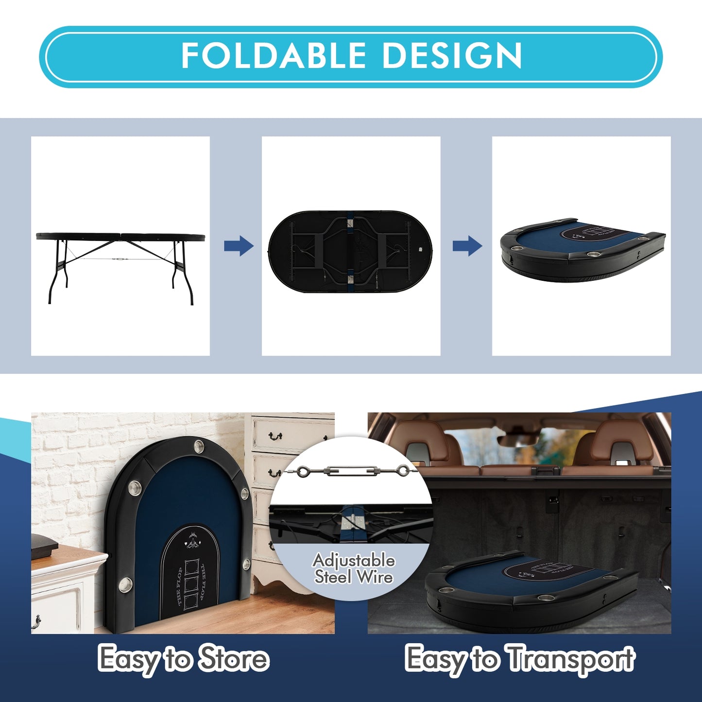 Foldable 10-Player Poker Table with LED Lights and USB Ports Ideal for Texas Casino-Blue Kids Crystal
