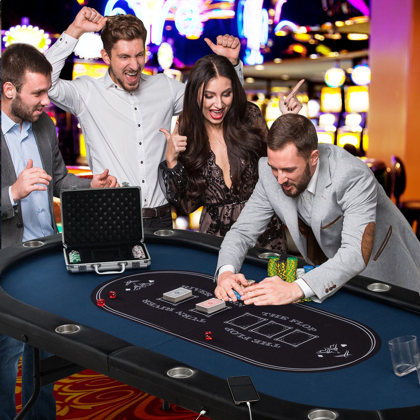 Foldable 10-Player Poker Table with LED Lights and USB Ports Ideal for Texas Casino-Blue Kids Crystal