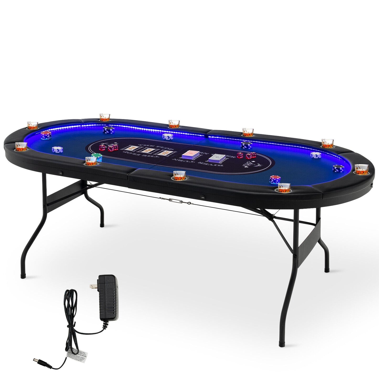 Foldable 10-Player Poker Table with LED Lights and USB Ports Ideal for Texas Casino-Blue Kids Crystal