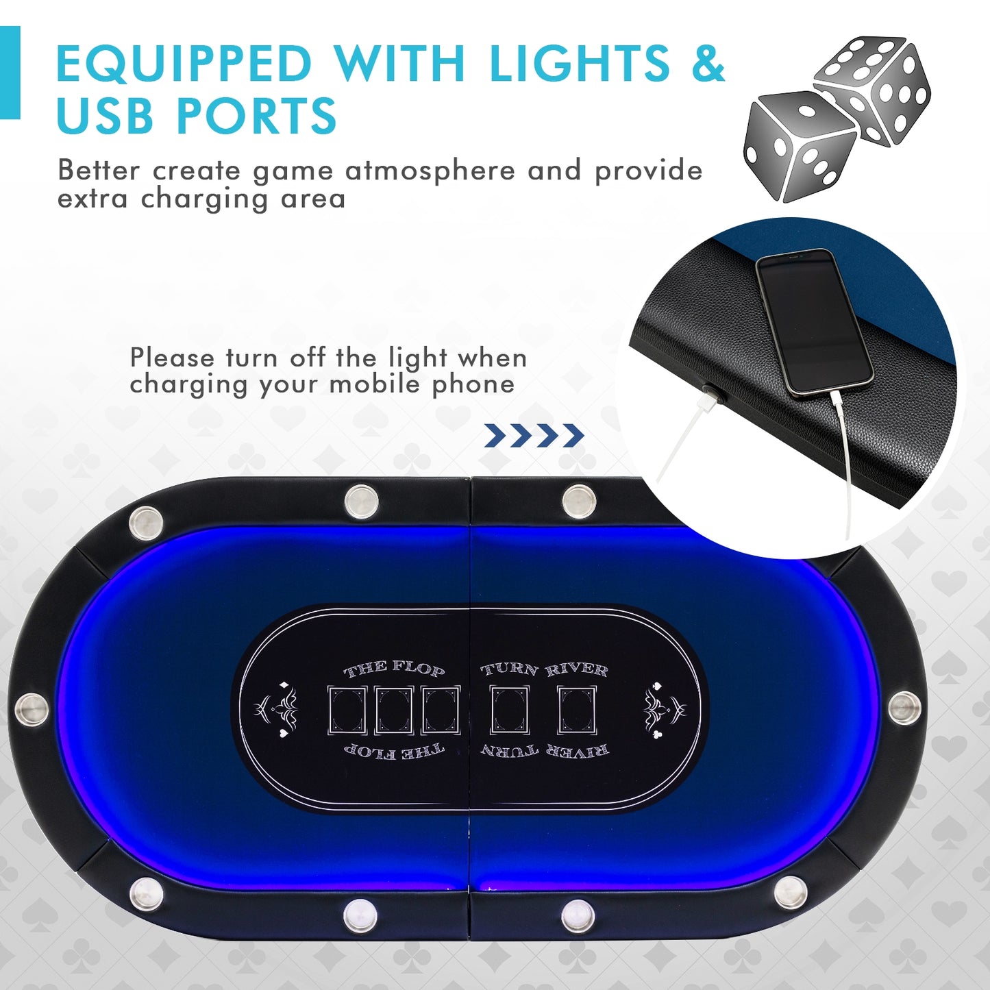 Foldable 10-Player Poker Table with LED Lights and USB Ports Ideal for Texas Casino-Blue Kids Crystal