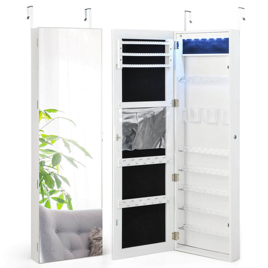 Wall Door Mounted Jewelry Armoire with Frameless LED Mirror-White Kids Crystal