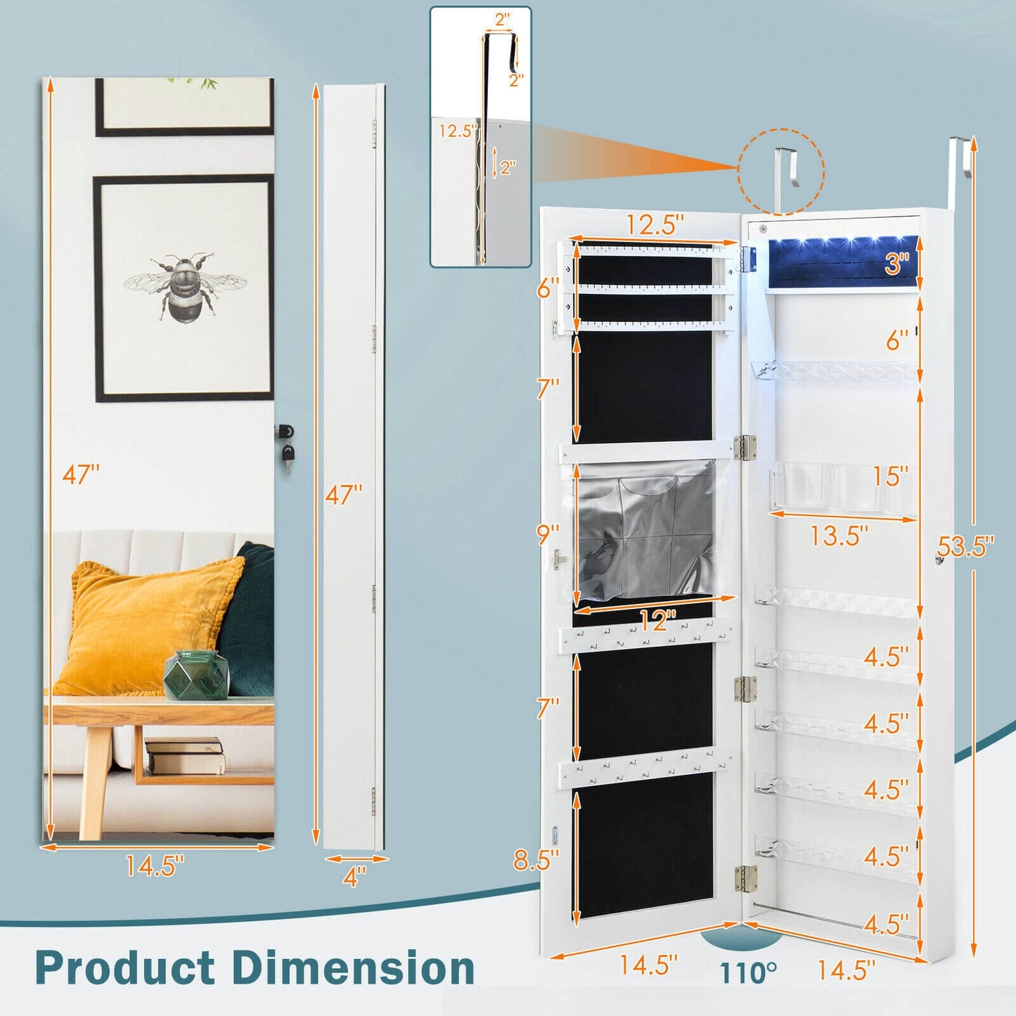 Wall Door Mounted Jewelry Armoire with Frameless LED Mirror-White Kids Crystal