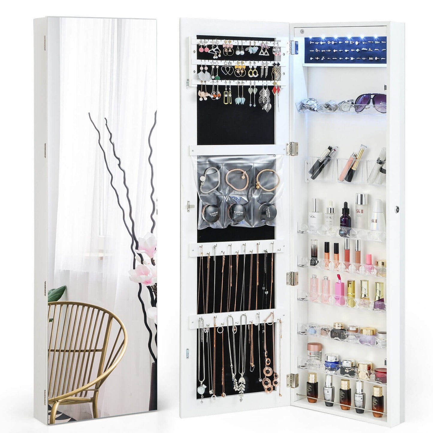 Wall Door Mounted Jewelry Armoire with Frameless LED Mirror-White Kids Crystal