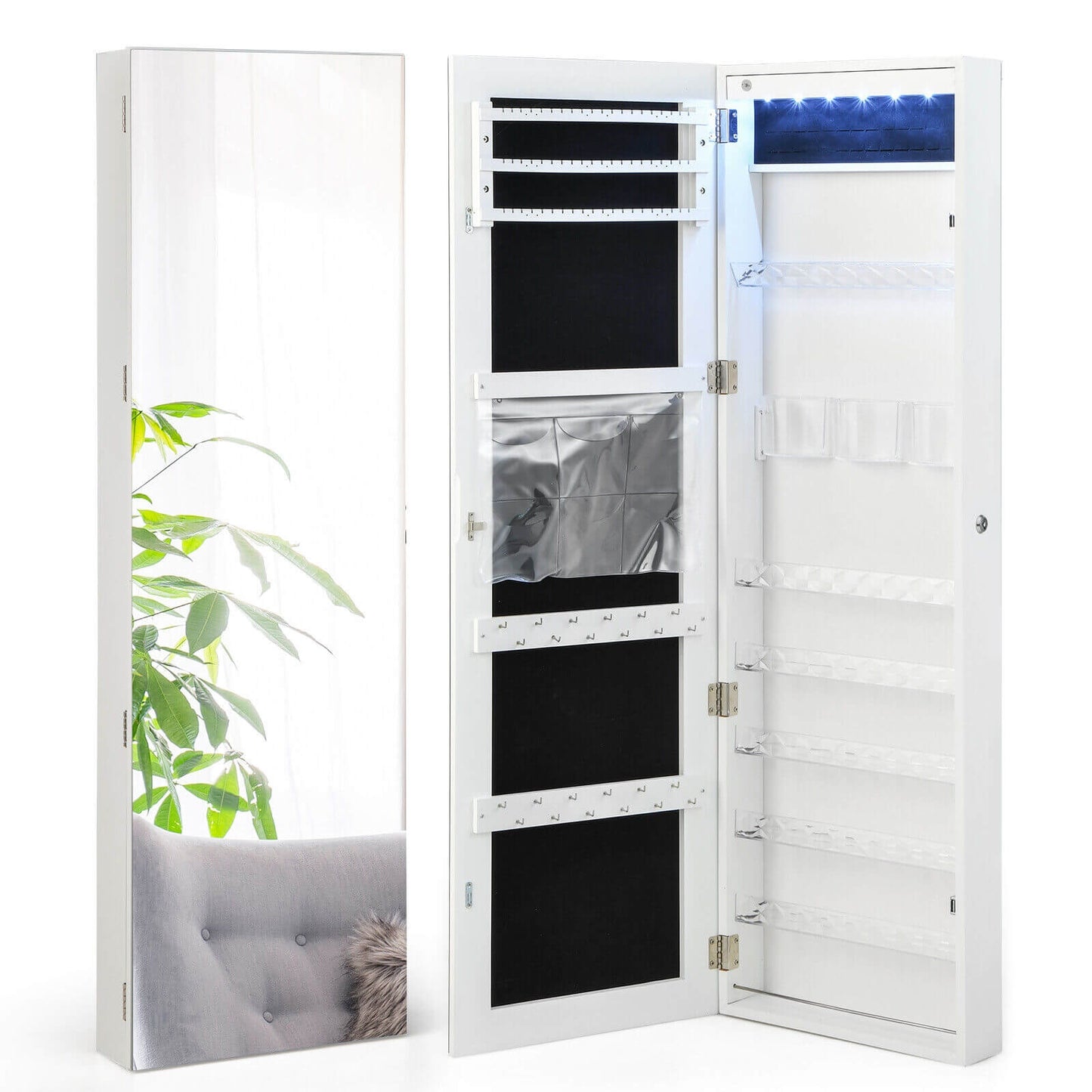 Wall Door Mounted Jewelry Armoire with Frameless LED Mirror-White Kids Crystal