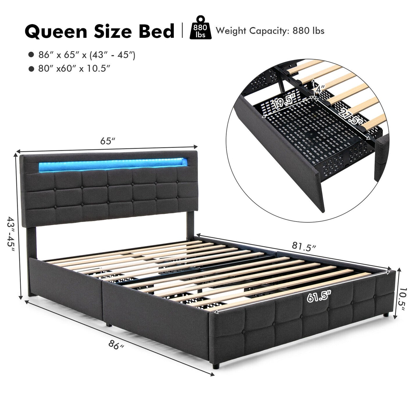 Upholstered Queen LED Bed Frame with Headboard and 4 Drawers Kids Crystal