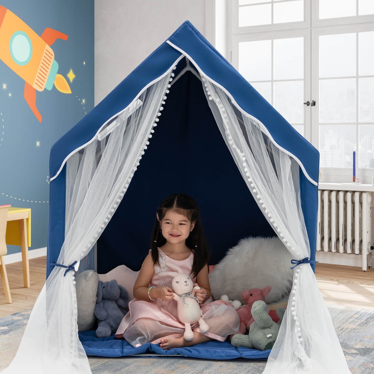 Large Kids Play Tent with Removable Cotton Mat-Blue Kids Crystal