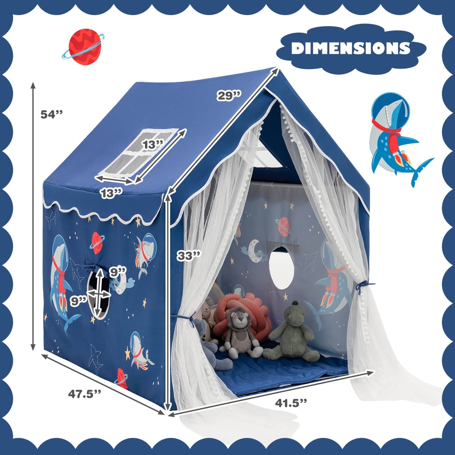 Large Kids Play Tent with Removable Cotton Mat-Blue Kids Crystal