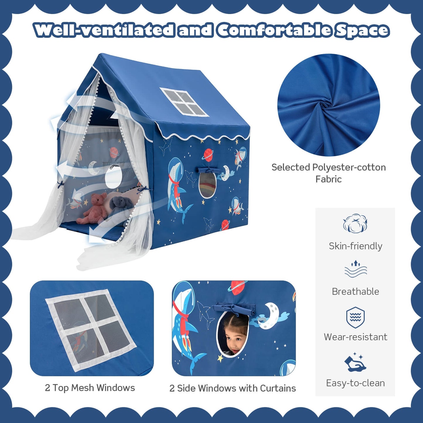Large Kids Play Tent with Removable Cotton Mat-Blue Kids Crystal