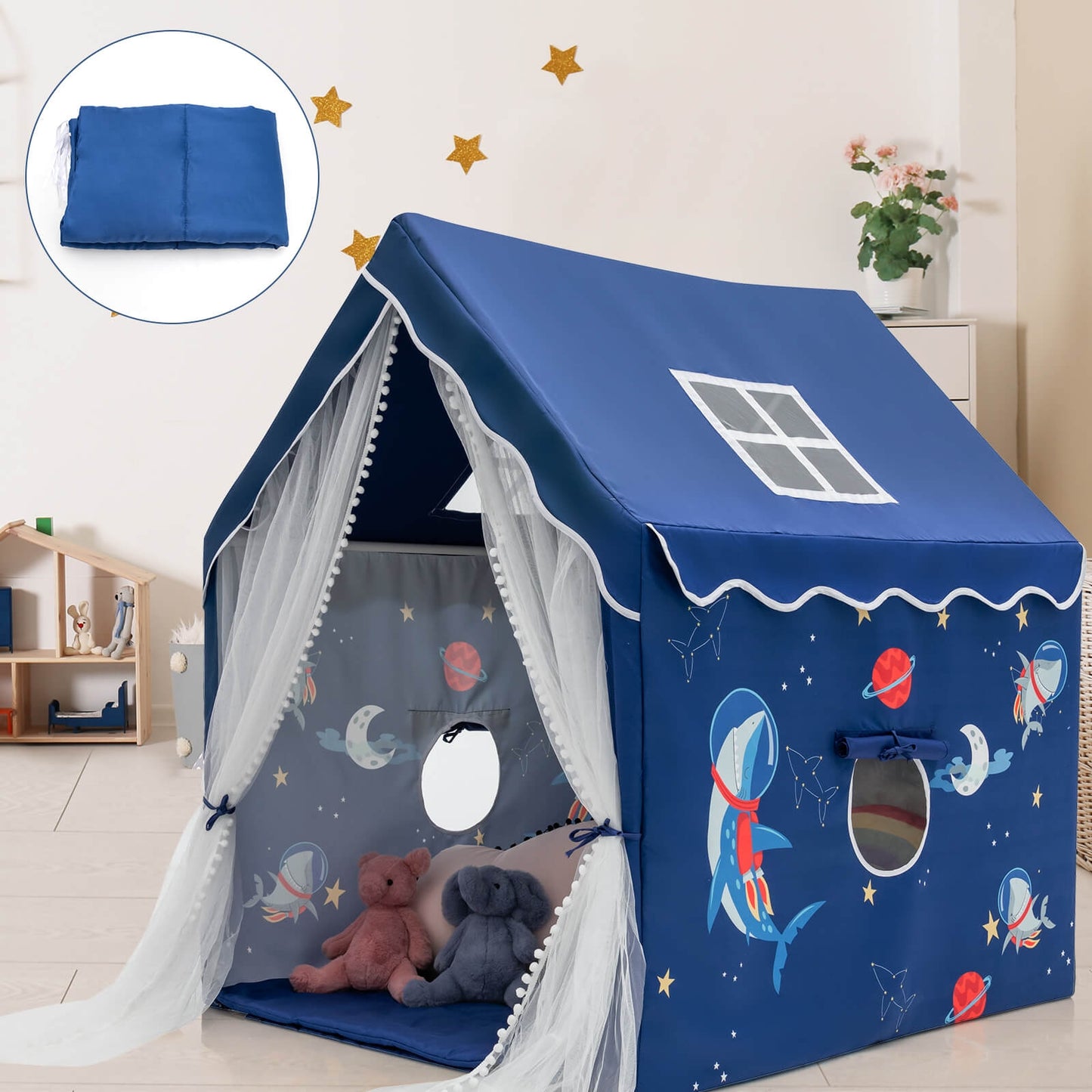 Large Kids Play Tent with Removable Cotton Mat-Blue Kids Crystal