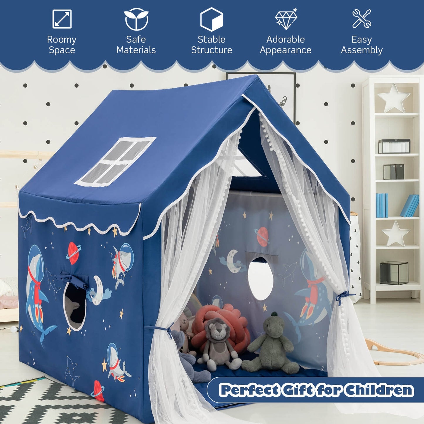 Large Kids Play Tent with Removable Cotton Mat-Blue Kids Crystal