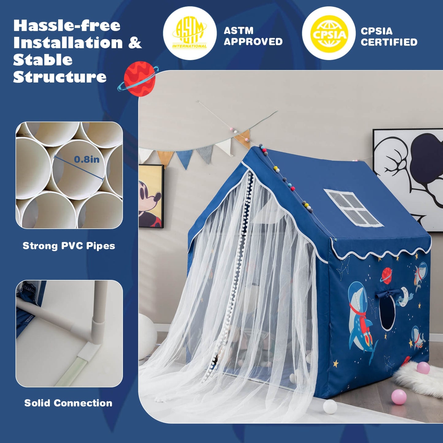 Large Kids Play Tent with Removable Cotton Mat-Blue Kids Crystal