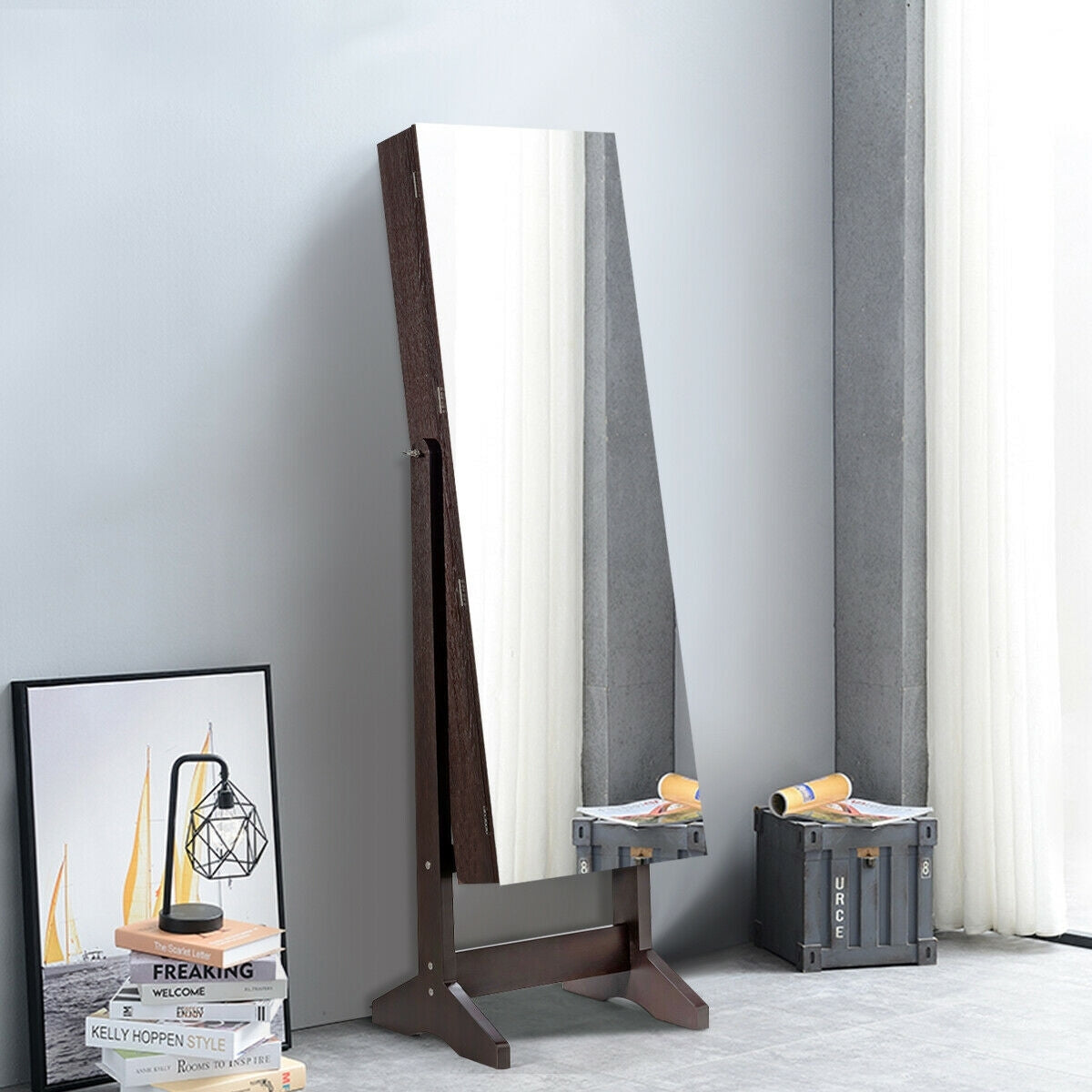 Standing Jewelry Armoire Cabinet with Full Length Mirror-Brown Kids Crystal