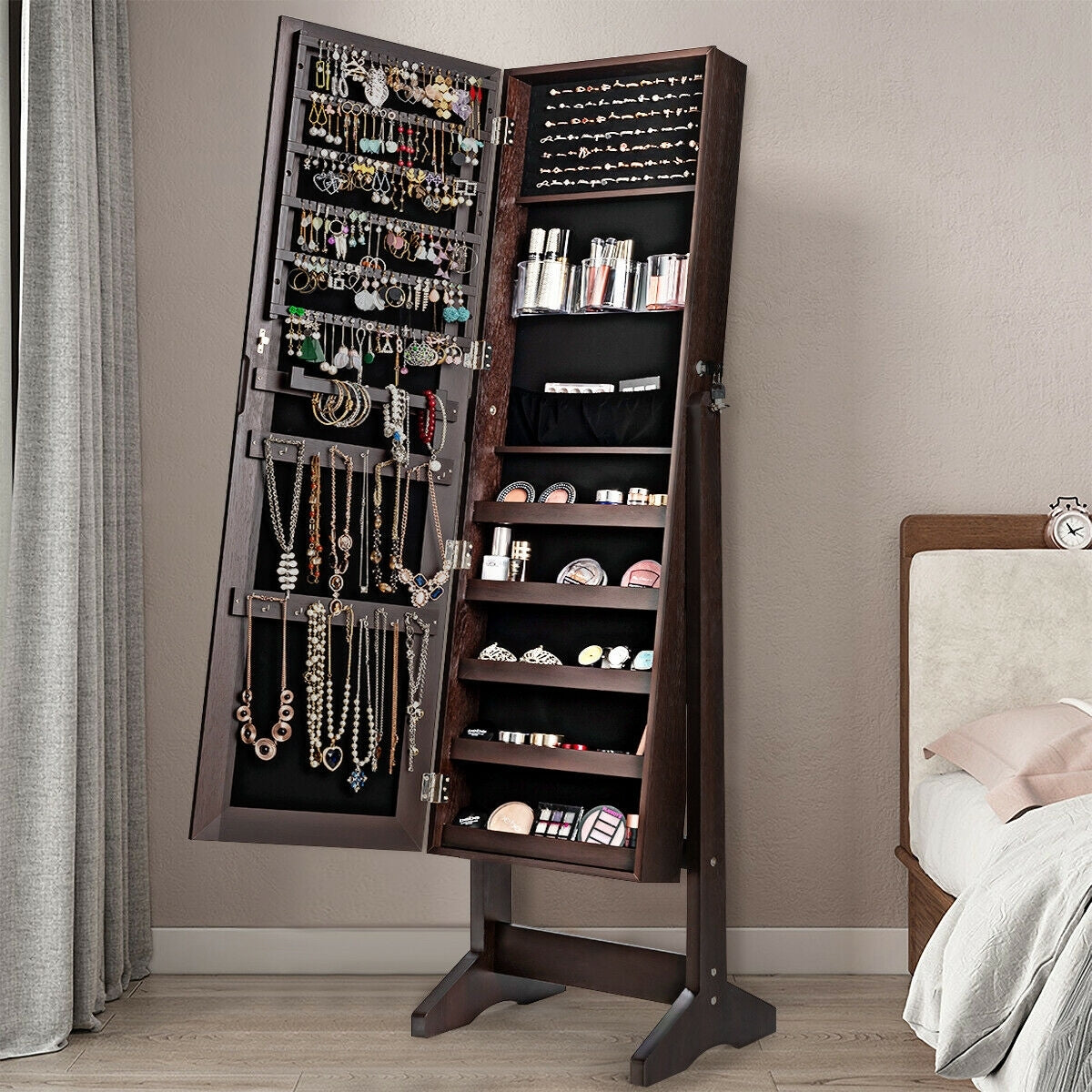 Standing Jewelry Armoire Cabinet with Full Length Mirror-Brown Kids Crystal
