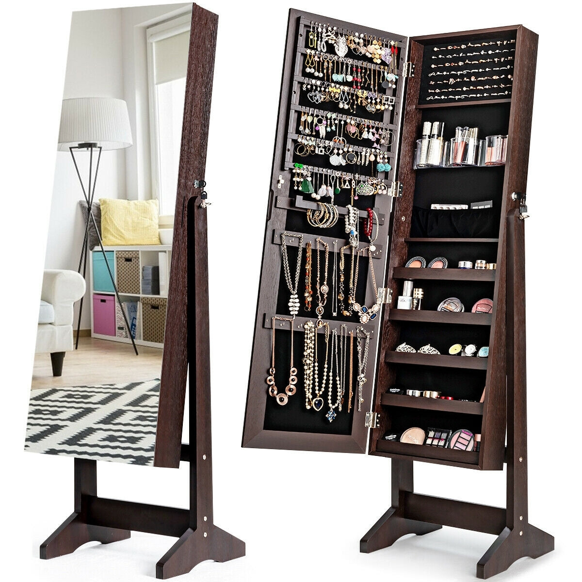 Standing Jewelry Armoire Cabinet with Full Length Mirror-Brown Kids Crystal