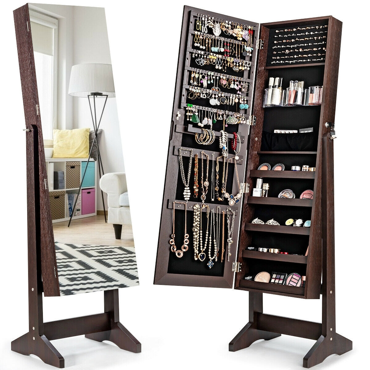 Standing Jewelry Armoire Cabinet with Full Length Mirror-Brown Kids Crystal