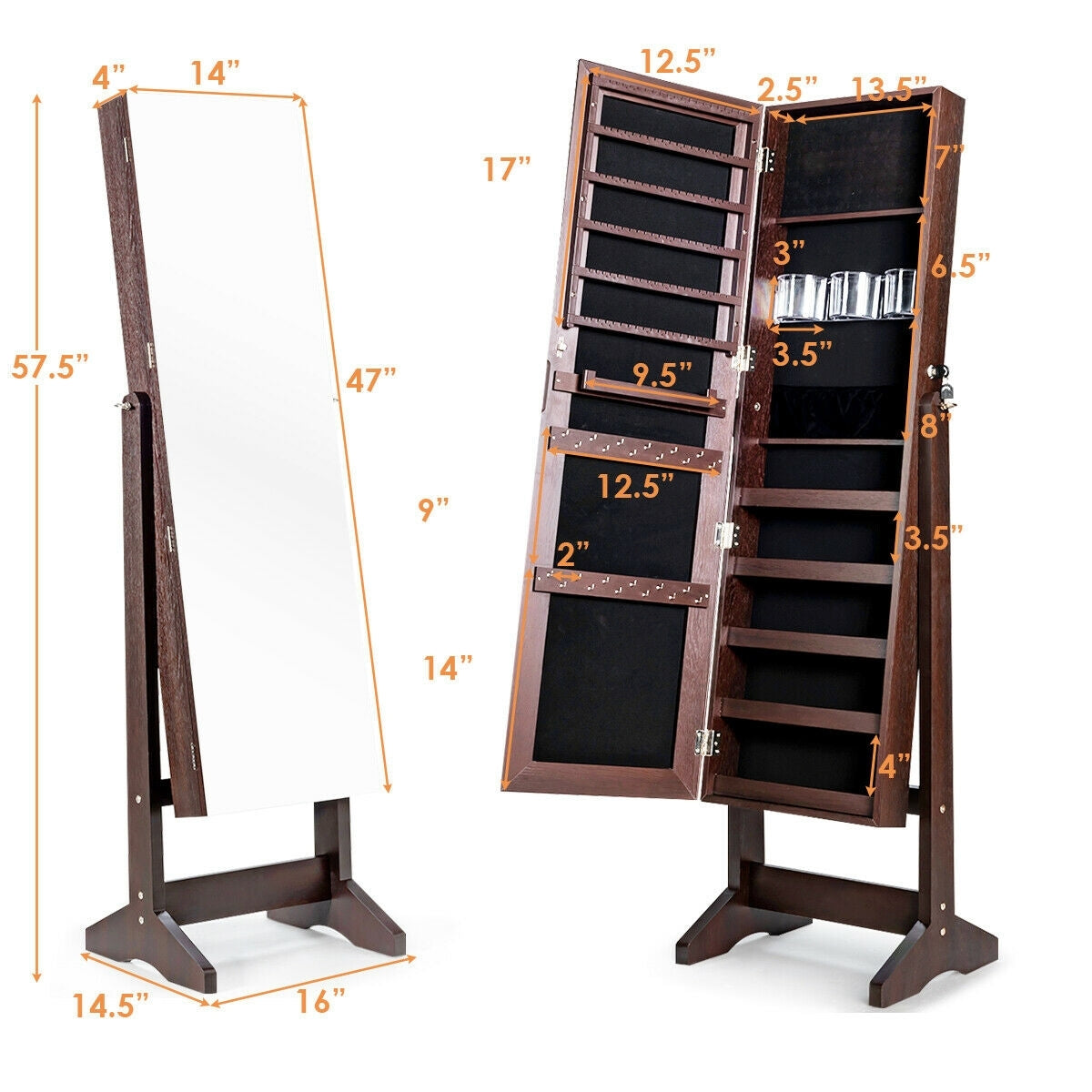 Standing Jewelry Armoire Cabinet with Full Length Mirror-Brown Kids Crystal