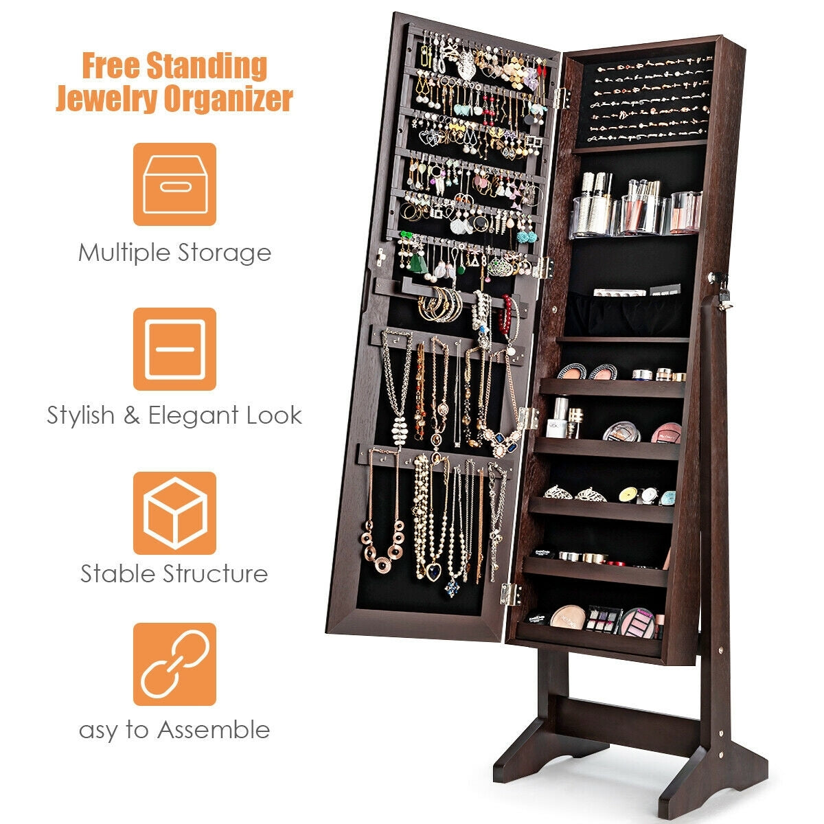 Standing Jewelry Armoire Cabinet with Full Length Mirror-Brown Kids Crystal