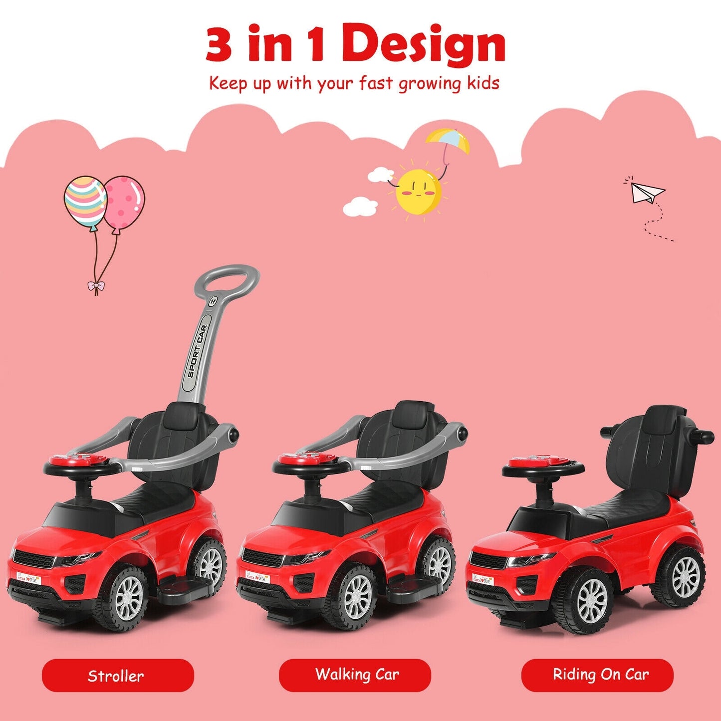 Honey Joy 3 in 1 Ride on Push Car Toddler Stroller Sliding Car with Music-Red Kids Crystal