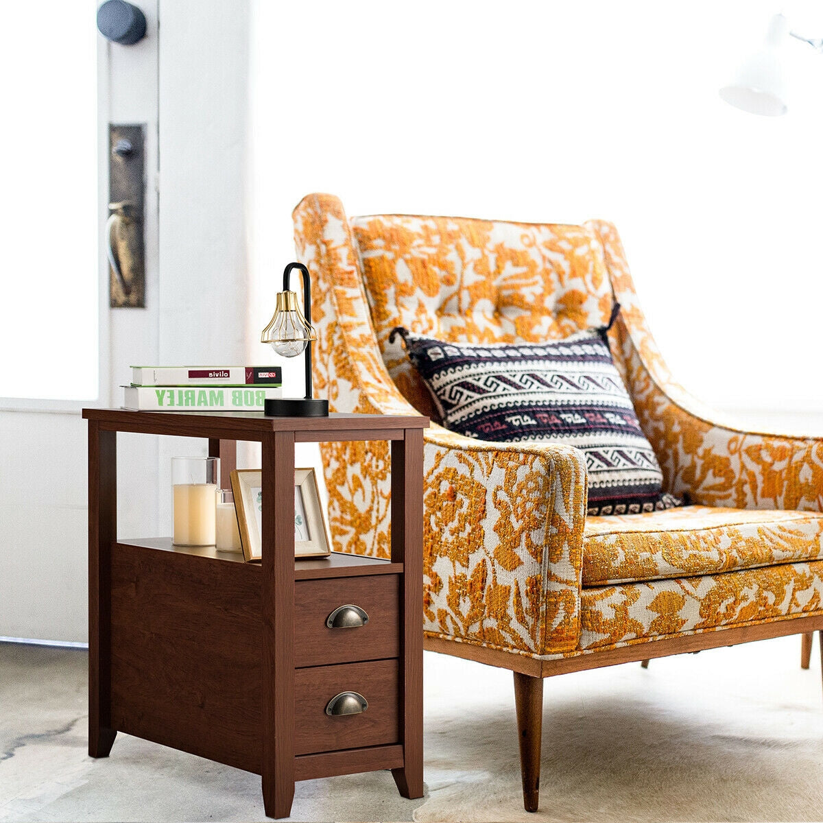 Set of 2 End Table Wooden with 2 Drawer & Shelf Bedside Table-Brown Kids Crystal