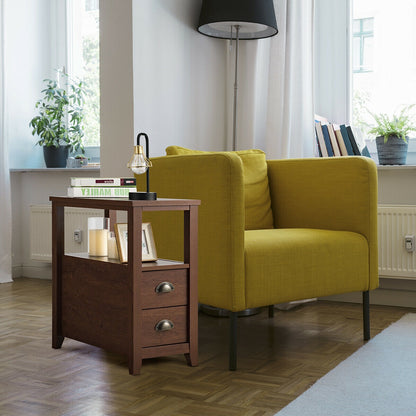 Set of 2 End Table Wooden with 2 Drawer & Shelf Bedside Table-Brown