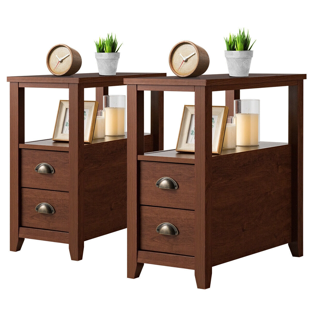 Set of 2 End Table Wooden with 2 Drawer & Shelf Bedside Table-Brown Kids Crystal
