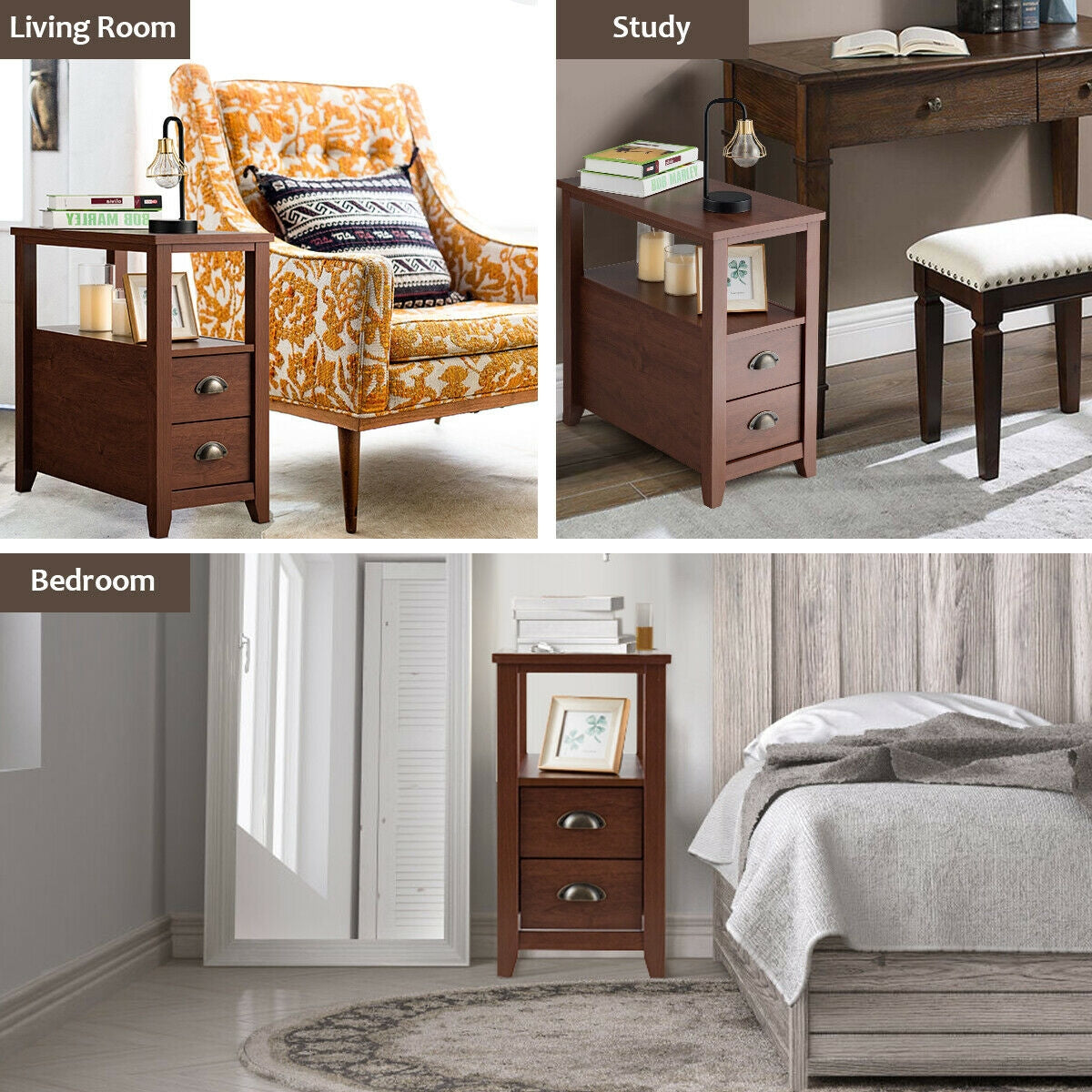 Set of 2 End Table Wooden with 2 Drawer & Shelf Bedside Table-Brown Kids Crystal