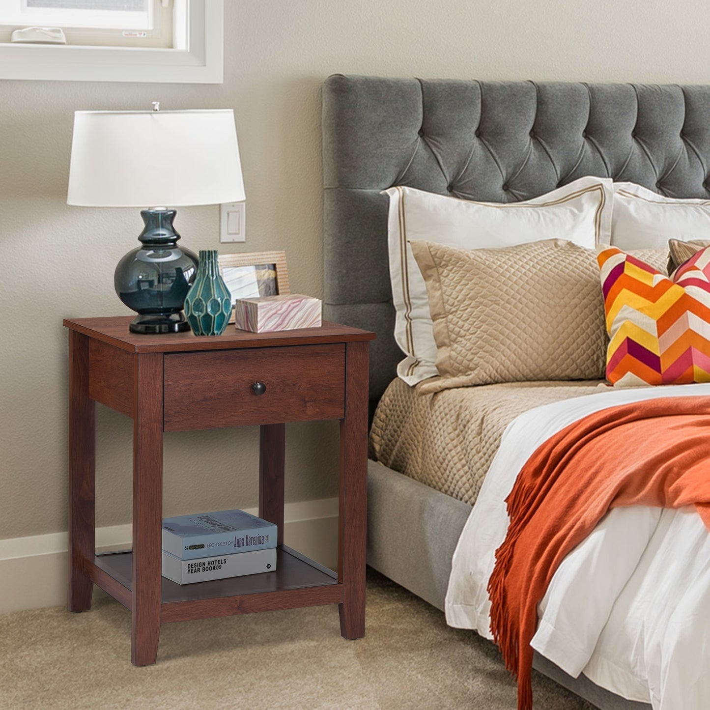 Night Stand End Side Table with Drawer and Storage Shelf Kids Crystal