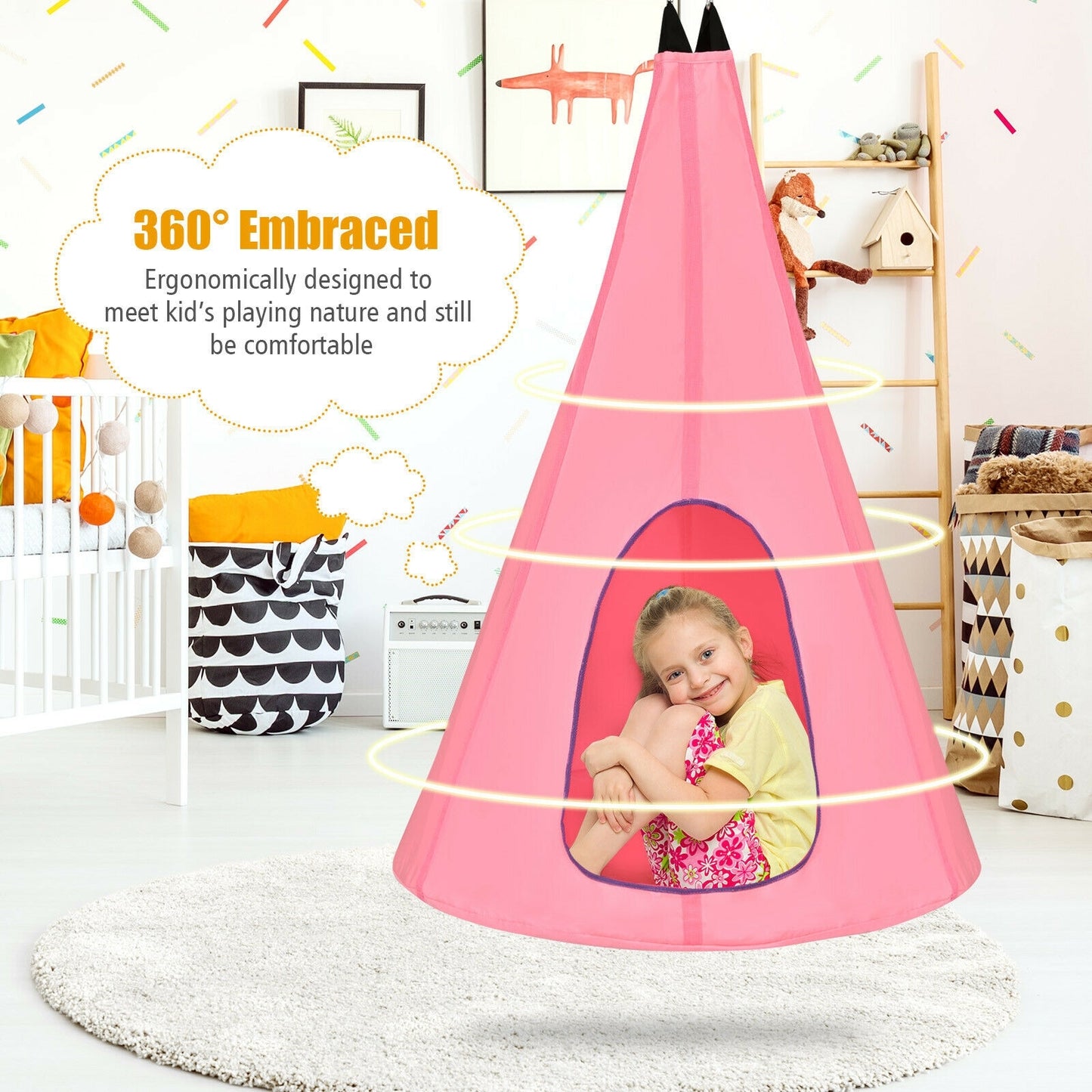 32 Inch Kids Nest Swing Chair Hanging Hammock Seat for Indoor and Outdoor-Pink Kids Crystal