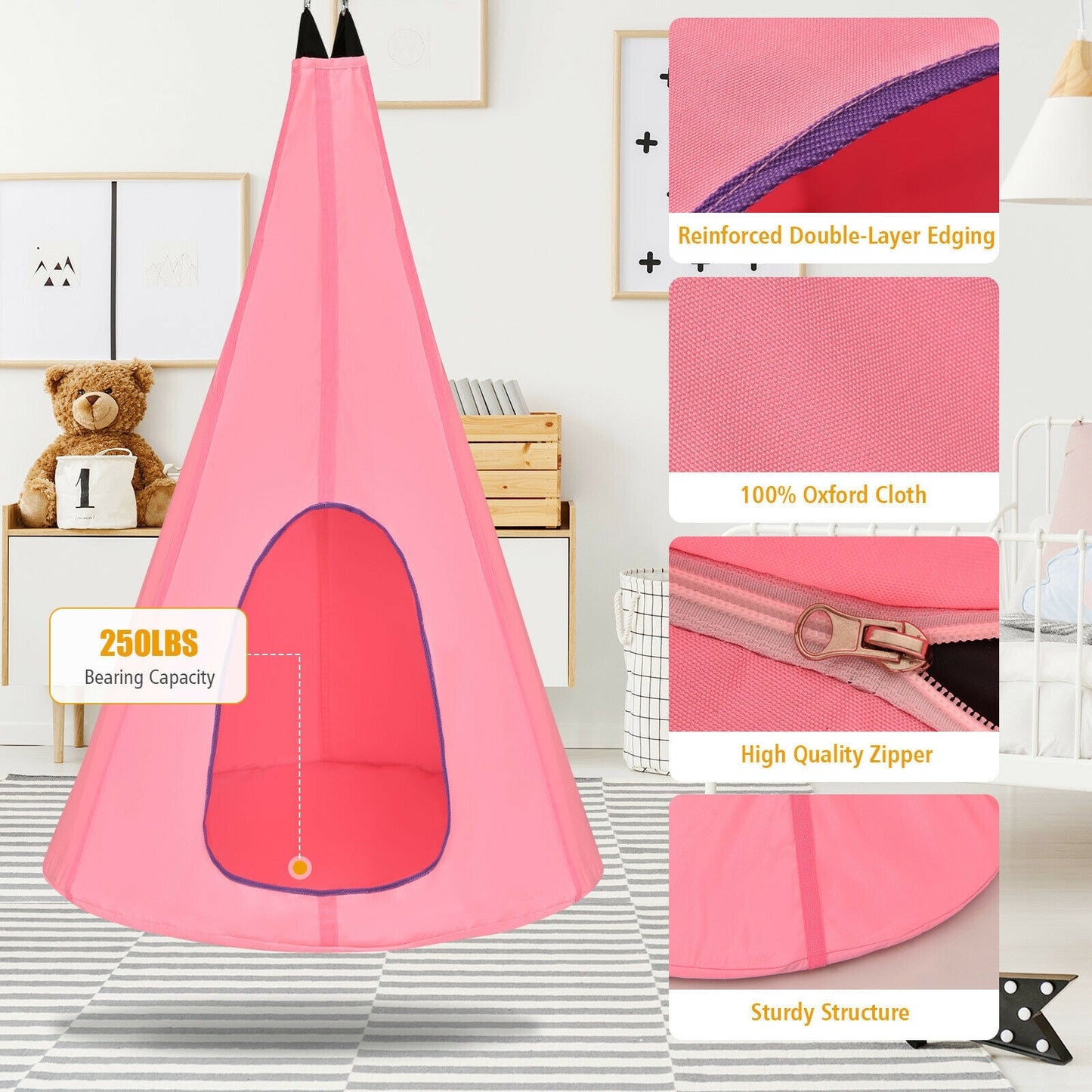 32 Inch Kids Nest Swing Chair Hanging Hammock Seat for Indoor and Outdoor-Pink Kids Crystal