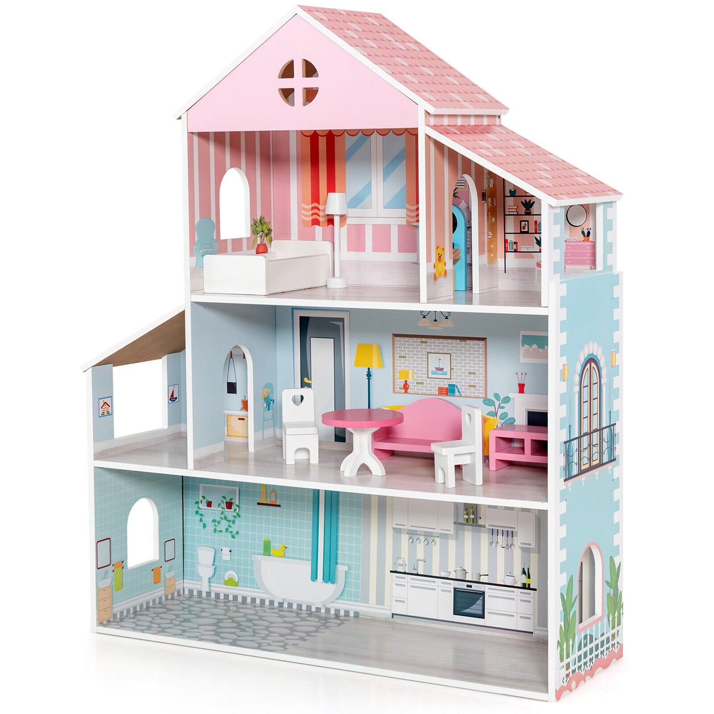 3-Tier Toddler Doll House with Furniture Gift for Age over 3 Kids Crystal