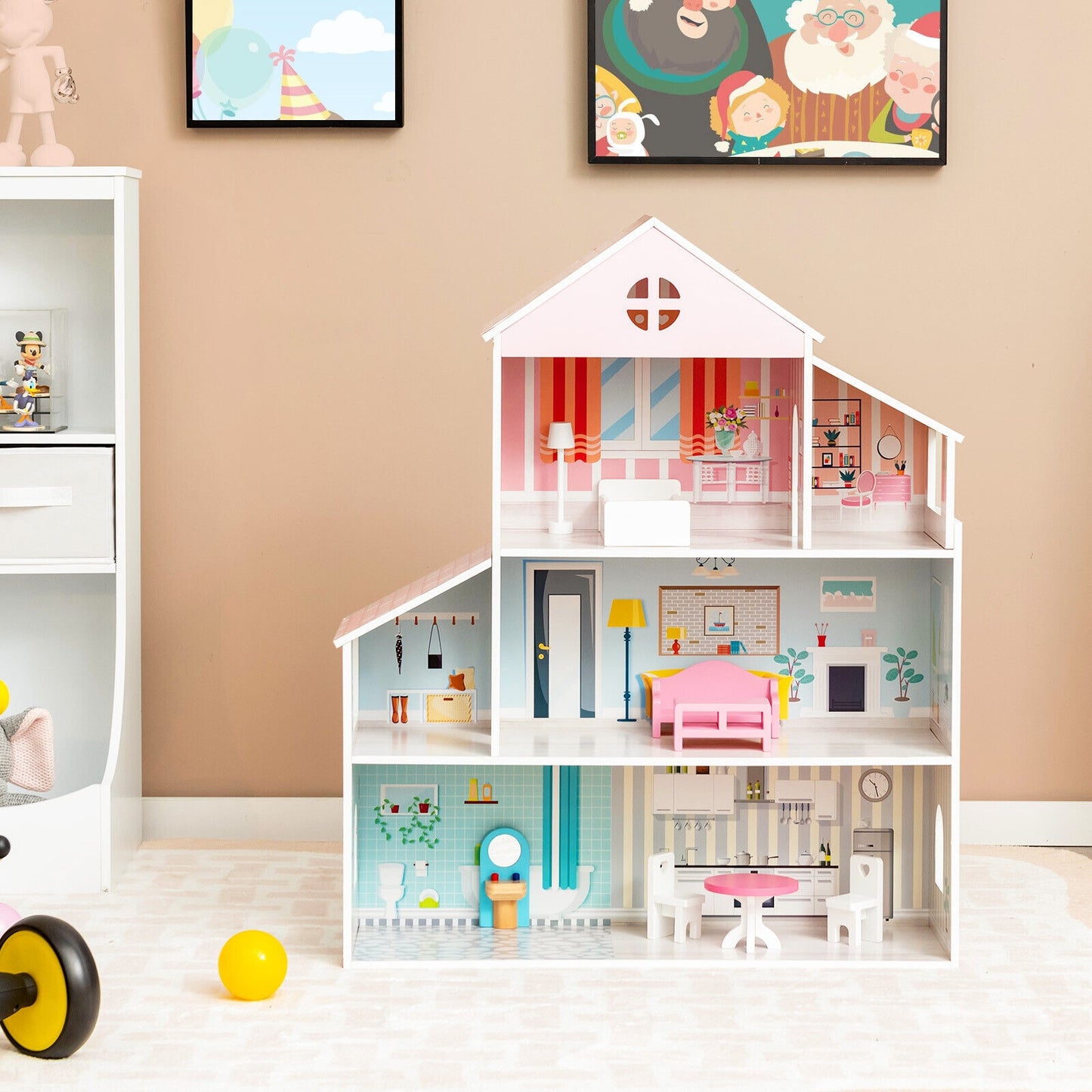 3-Tier Toddler Doll House with Furniture Gift for Age over 3 Kids Crystal