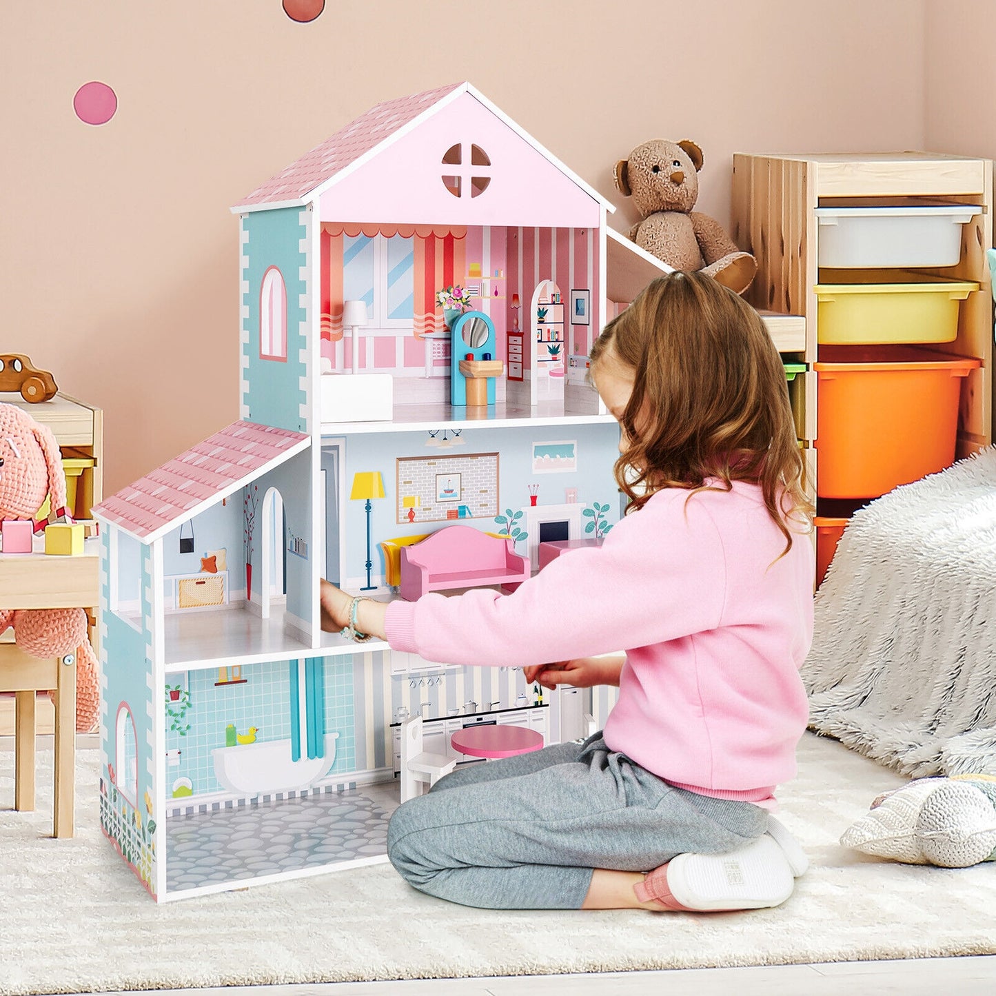 3-Tier Toddler Doll House with Furniture Gift for Age over 3 Kids Crystal