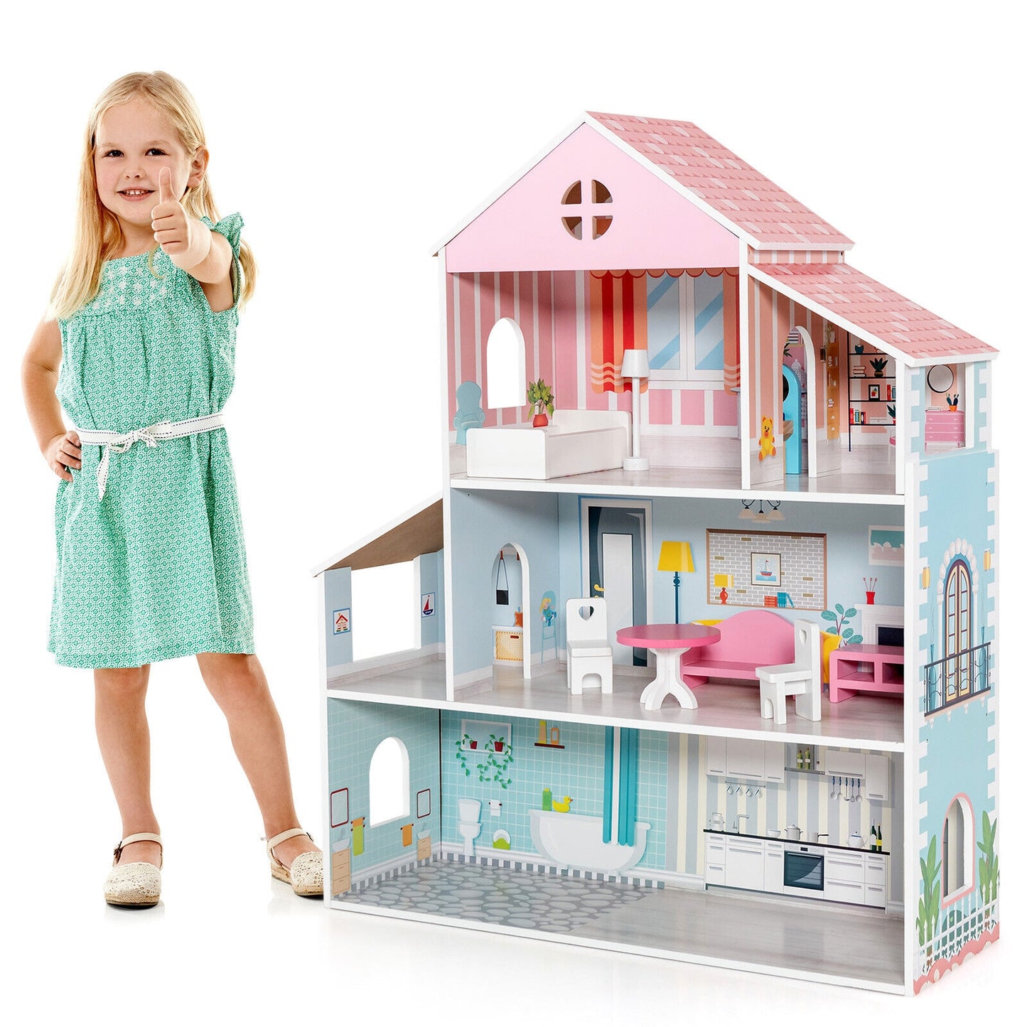 3-Tier Toddler Doll House with Furniture Gift for Age over 3 Kids Crystal