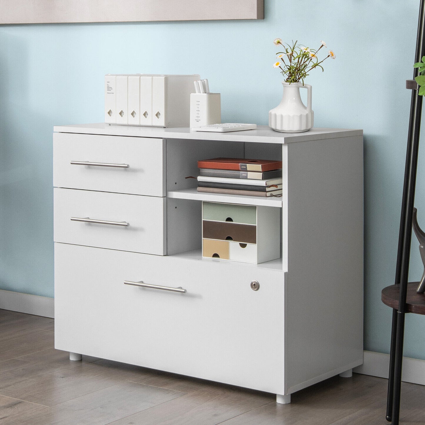 3 Drawer Lateral File Cabinet on Wheels with Storage Shelves-White Kids Crystal