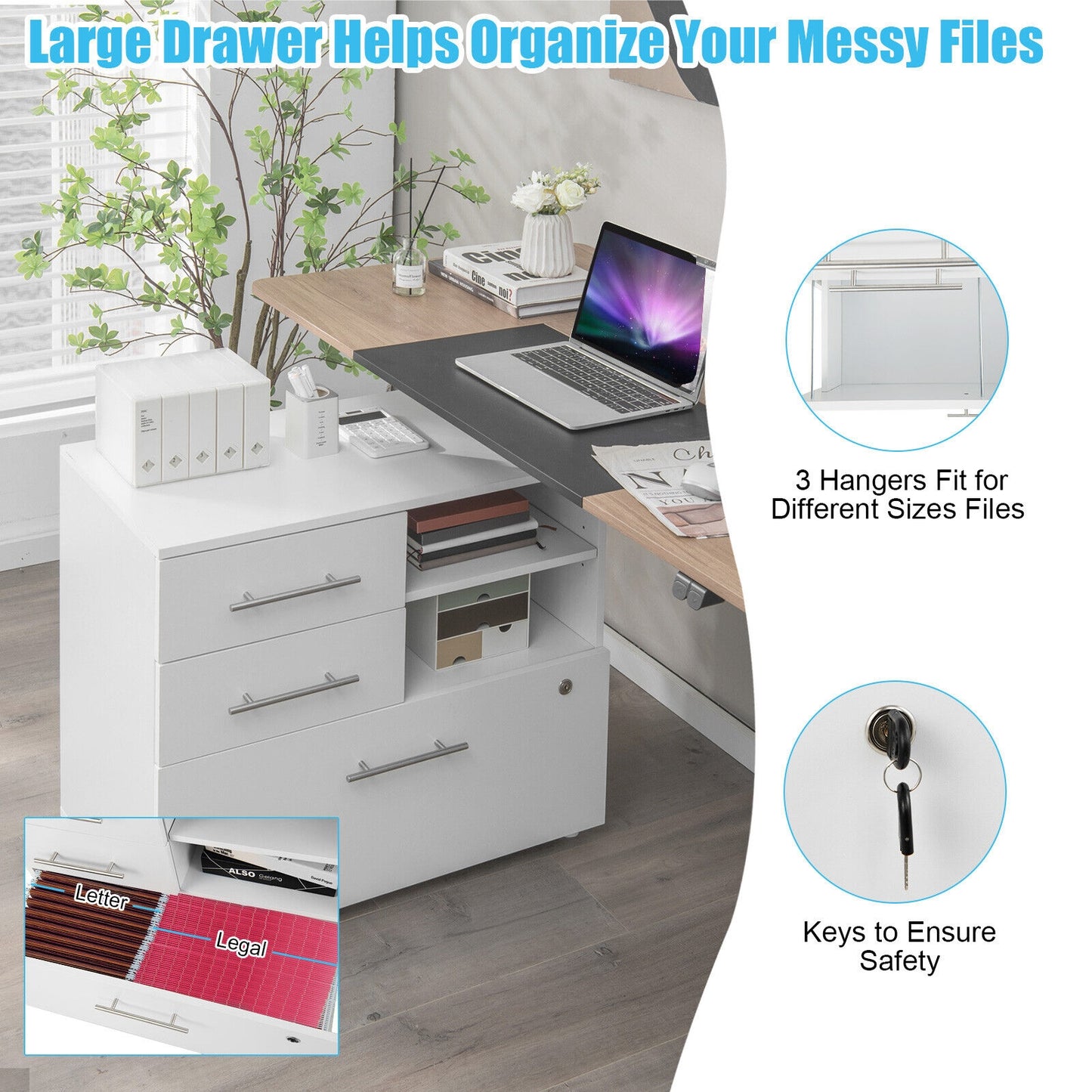 3 Drawer Lateral File Cabinet on Wheels with Storage Shelves-White Kids Crystal