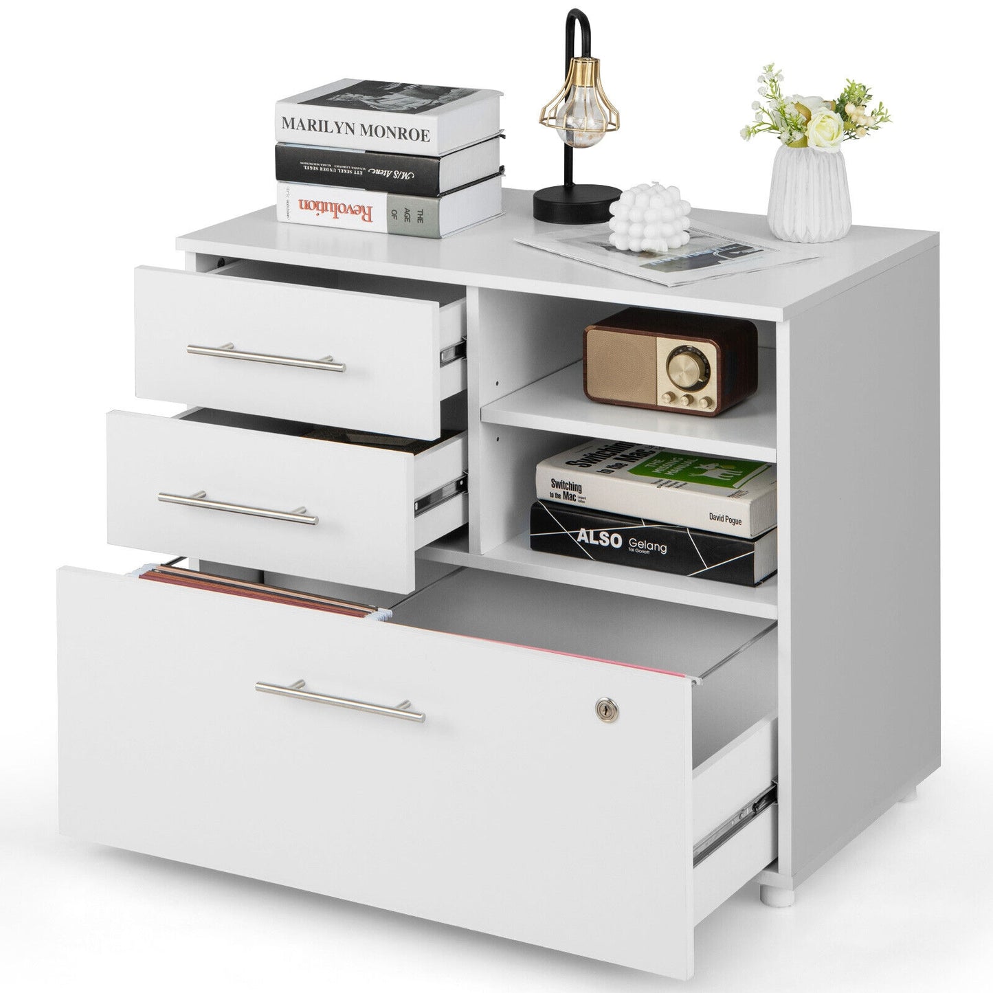 3 Drawer Lateral File Cabinet on Wheels with Storage Shelves-White Kids Crystal