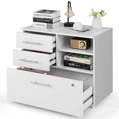 3 Drawer Lateral File Cabinet on Wheels with Storage Shelves-White