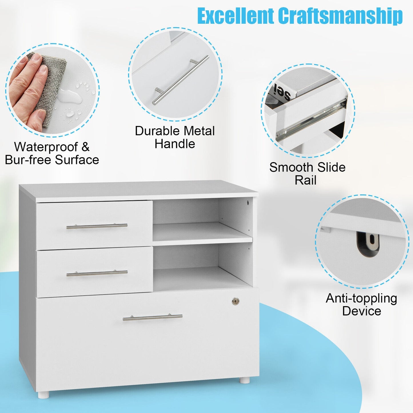 3 Drawer Lateral File Cabinet on Wheels with Storage Shelves-White Kids Crystal